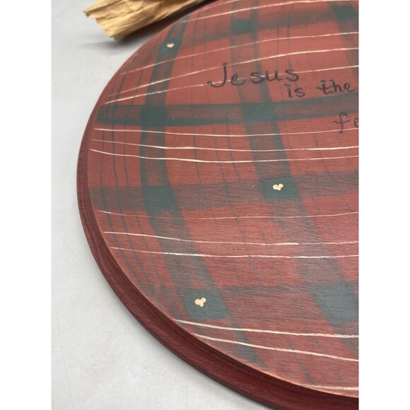 Christmas wood wall hanging bulb plaid Jesus heart signed round bow 12" READ - Picture 3 of 7
